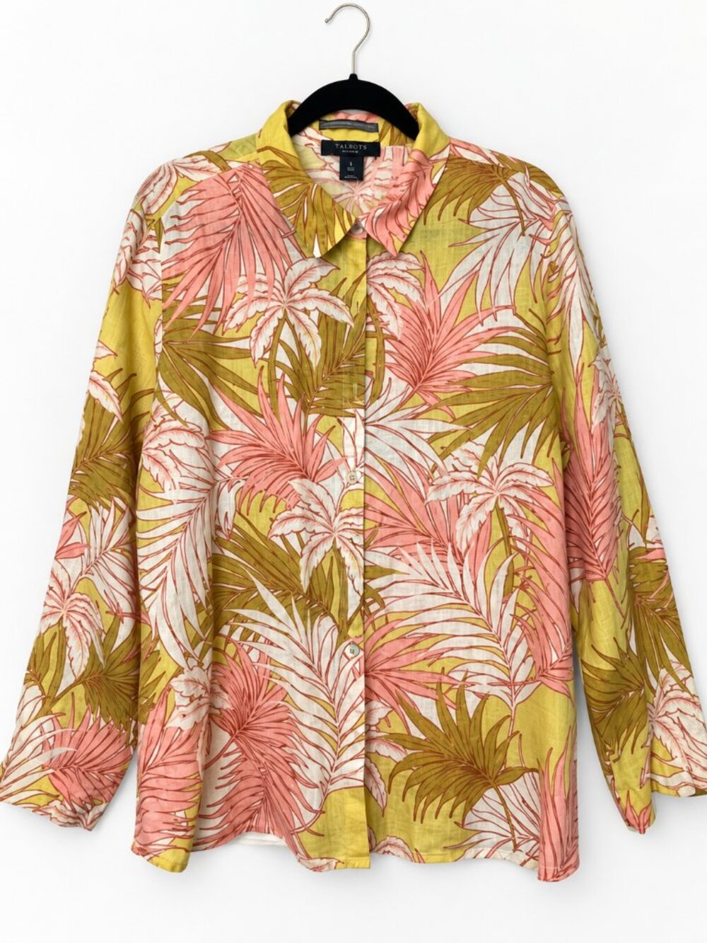Tahari 100% Linen Tropical Palm Print Button Down Shirt XL Resort Coastal
